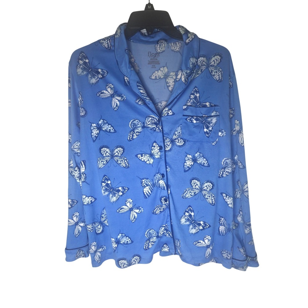 Flora by Flora Nikrooz Womens Blue Butterfly Pajama Set Shorts Long Sleeve M - Picture 3 of 8